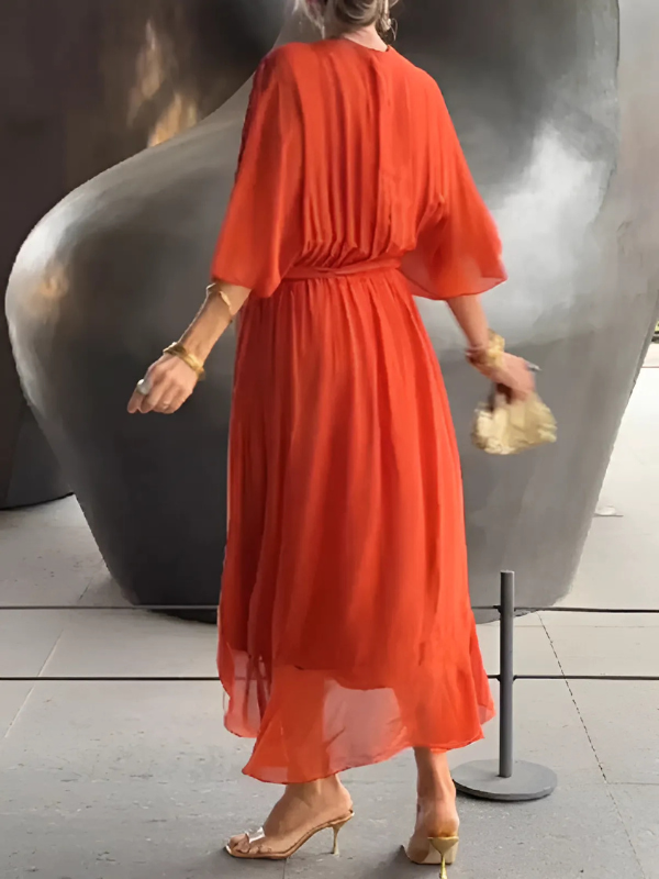 Flutter Sleeve Midi Dress with V-Neck and Belt for Women