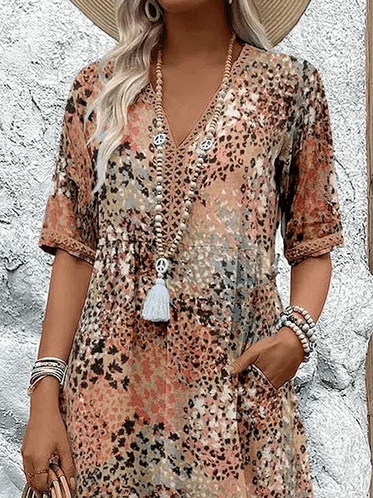 Ariana | V-Neck Midi Dress with Three-Quarter Sleeves for Women