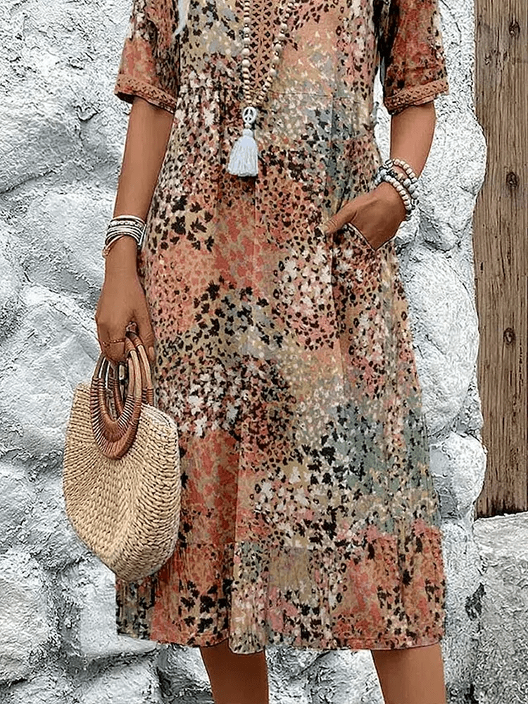 Ariana | V-Neck Midi Dress with Three-Quarter Sleeves for Women