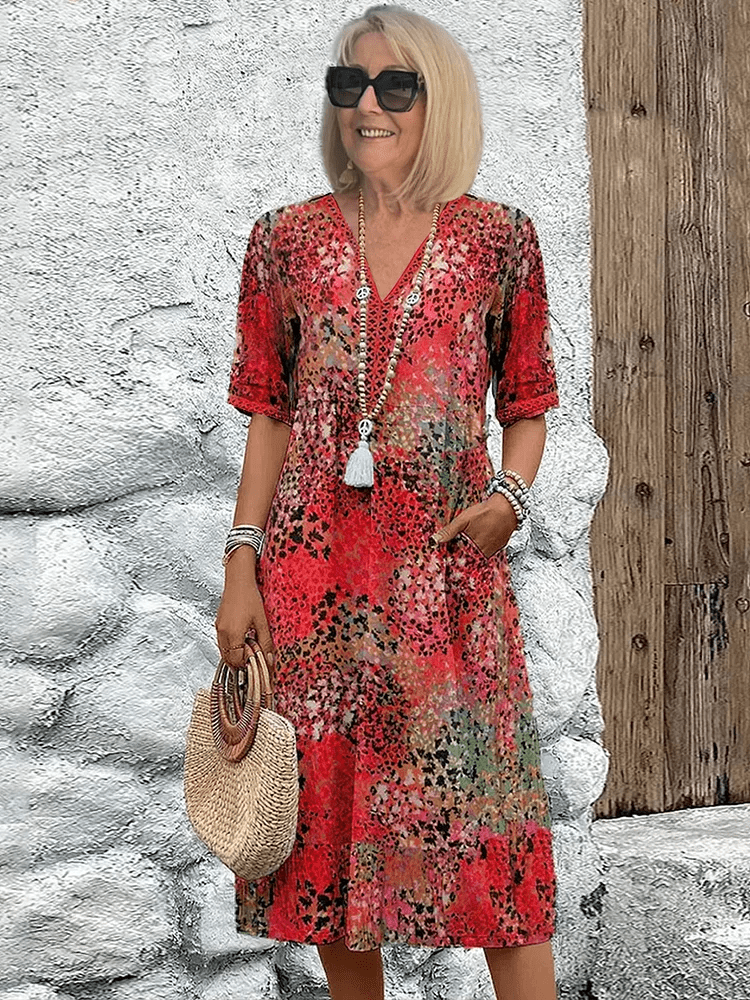 Ariana | V-Neck Midi Dress with Three-Quarter Sleeves for Women