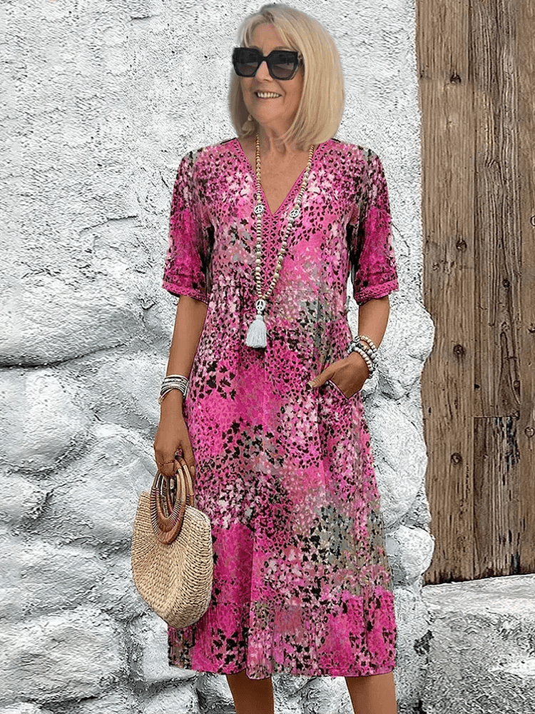 Ariana | V-Neck Midi Dress with Three-Quarter Sleeves for Women