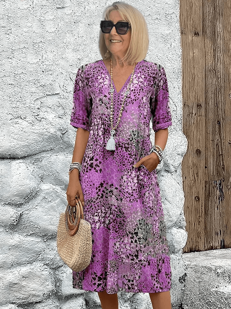 Ariana | V-Neck Midi Dress with Three-Quarter Sleeves for Women
