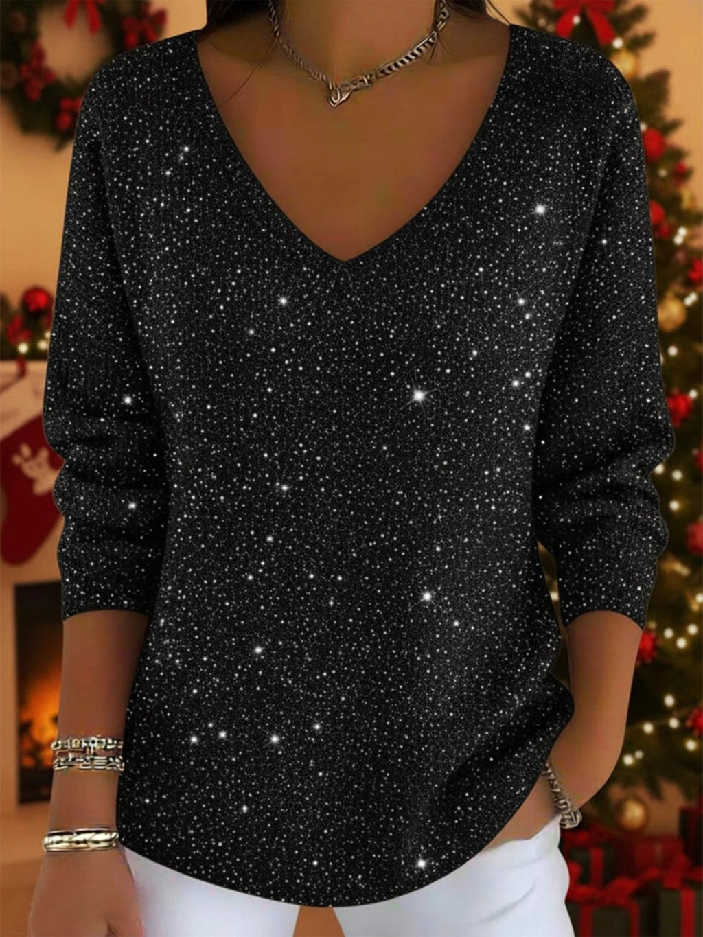Eldoris | Festive Glitter V-Neck Sweater with Long Sleeves for Women