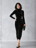 Elvina | Velvet Ruched Midi Dress with High Neck and Long Sleeves for Women