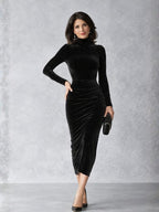 Elvina | Velvet Ruched Midi Dress with High Neck and Long Sleeves for Women
