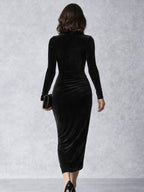 Elvina | Velvet Ruched Midi Dress with High Neck and Long Sleeves for Women