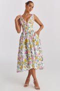 Saffron | Wedding Guest A-Line Midi Dress with V-Neck for Women