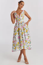 Saffron | Wedding Guest A-Line Midi Dress with V-Neck for Women