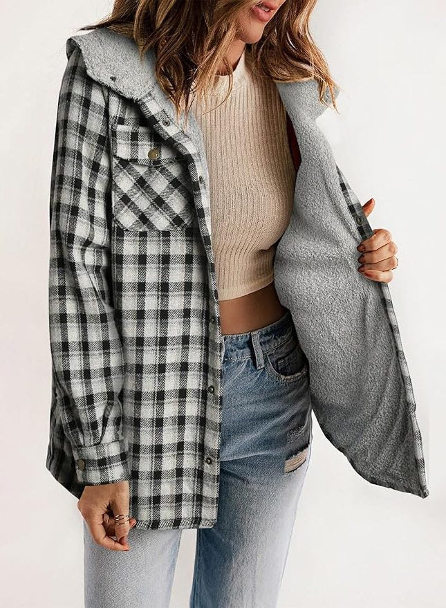 Fianna | Plaid Flannel Shirt Jacket with Sherpa Collar for Women