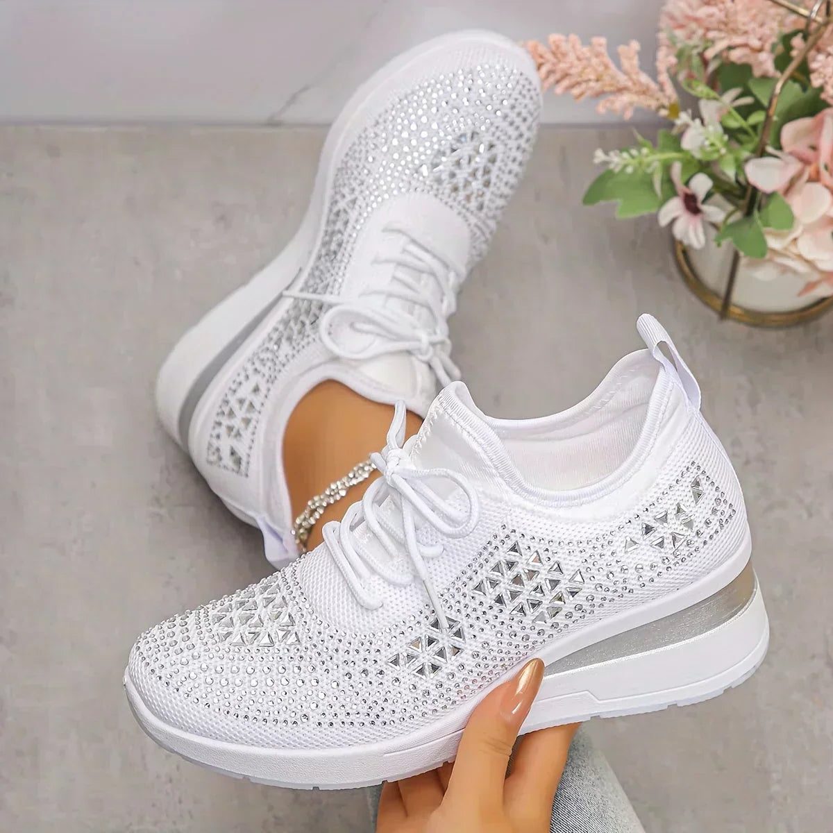 Fleur | Rhinestone Lace-Up Sneakers for Women