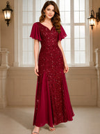Hyacinth | Sequin Maxi Dress with V-Neck and Flutter Sleeves for Women