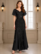 Hyacinth | Sequin Maxi Dress with V-Neck and Flutter Sleeves for Women