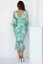 Vilhelmina | Floral Wedding Guest Midi Dress with V-Neck and Puff Sleeves for Women