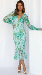 Vilhelmina | Floral Wedding Guest Midi Dress with V-Neck and Puff Sleeves for Women