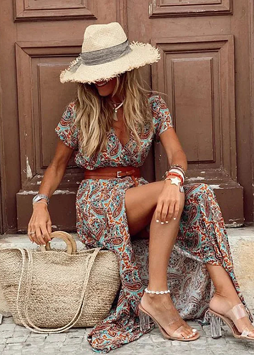 Melodie | Maxi Dress with V-Neck, Belt and Split for Women