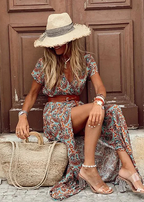 Melodie | Maxi Dress with V-Neck, Belt and Split for Women