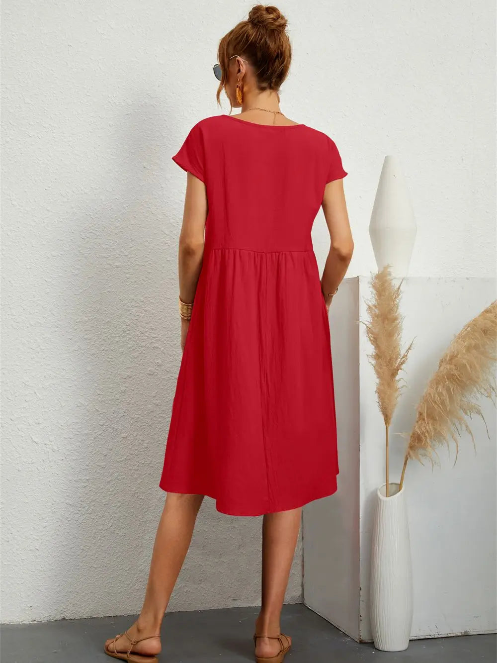 Cecelia | A-Line Midi Dress with Short Sleeves and Side Pockets for Women