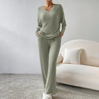 Isabeau | Ribbed Knit V-Neck Sweater Set with Long Sleeves for Women