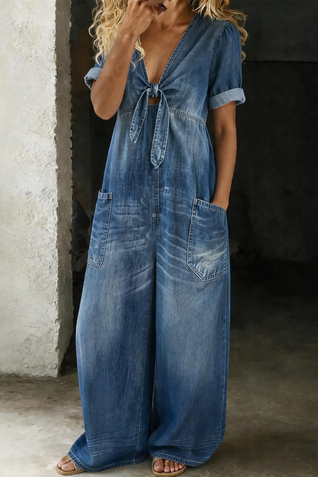 Jaylen | Wide Leg Denim Jumpsuit with V-Neck and Short Sleeves for Women