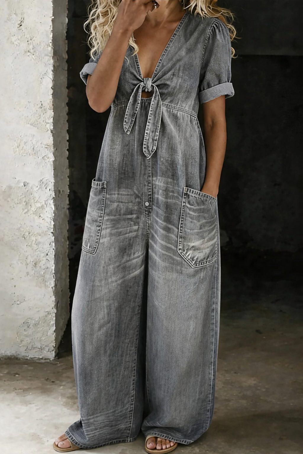 Jaylen | Wide Leg Denim Jumpsuit with V-Neck and Short Sleeves for Women