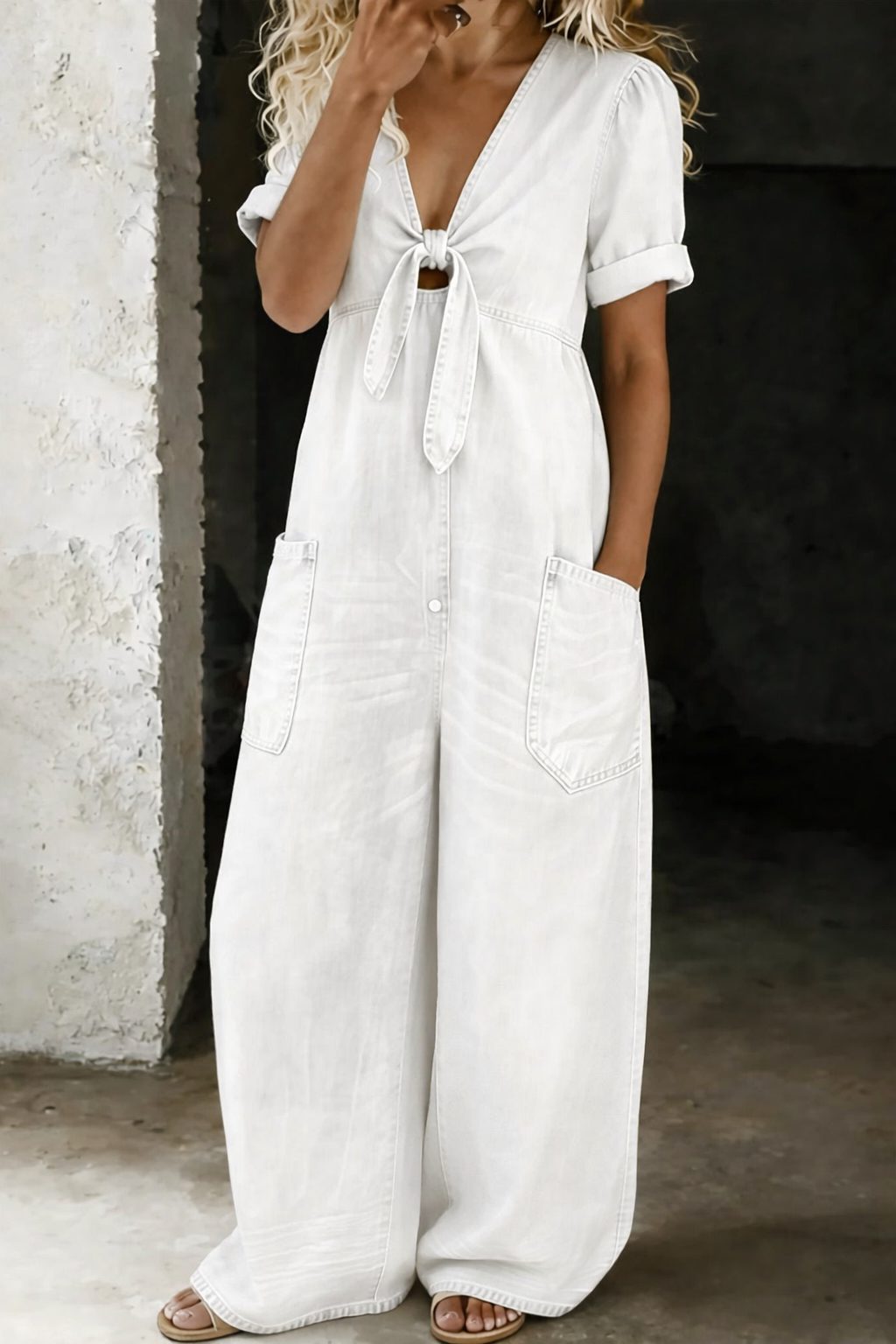 Jaylen | Wide Leg Denim Jumpsuit with V-Neck and Short Sleeves for Women