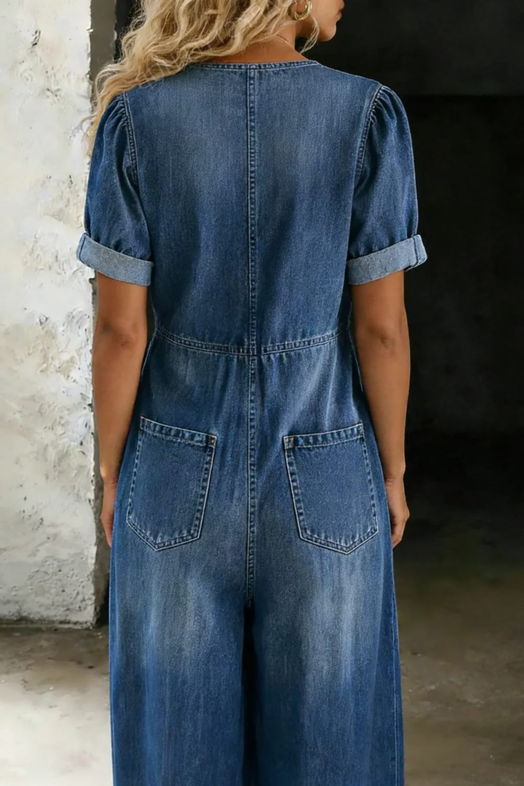 Jaylen | Wide Leg Denim Jumpsuit with V-Neck and Short Sleeves for Women