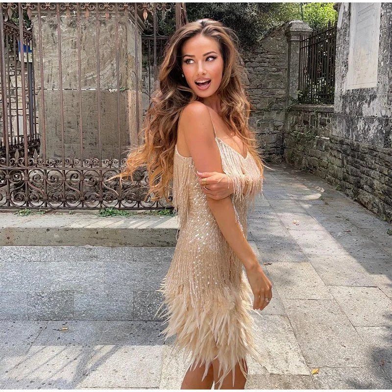 Liana | Sequin Cocktail Mini Dress with Feather Hem for Women