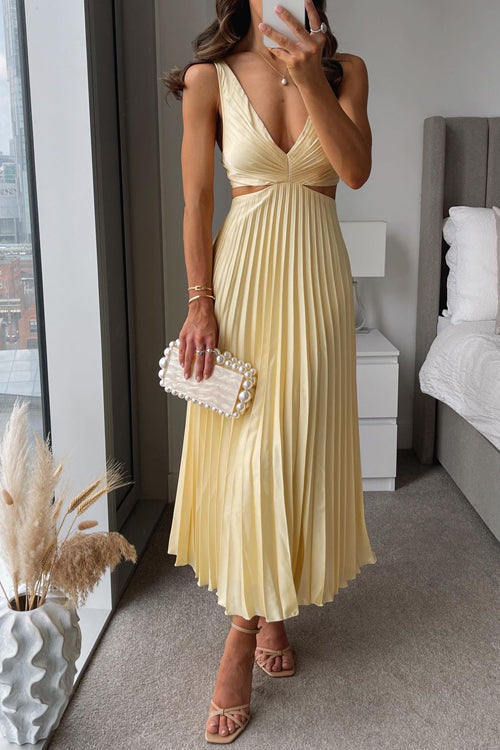 Pleated Maxi Dress with V-Neck for Women