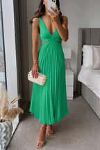 Pleated Maxi Dress with V-Neck for Women
