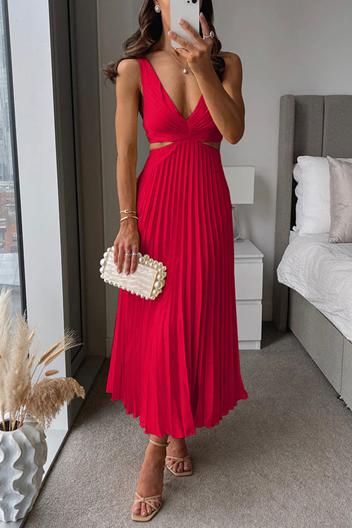 Pleated Maxi Dress with V-Neck for Women