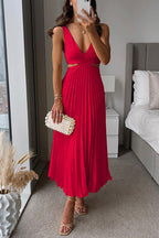 Pleated Maxi Dress with V-Neck for Women