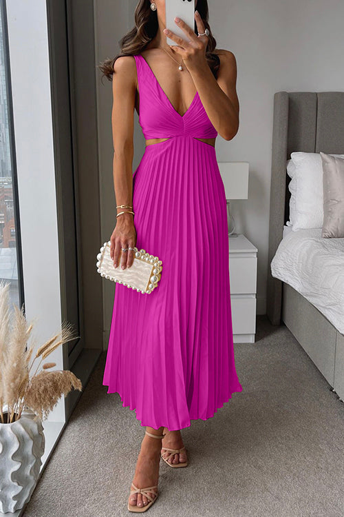 Pleated Maxi Dress with V-Neck for Women