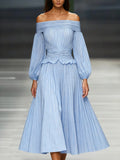 Mabel | Fall Wedding Guest Off-Shoulder Pleated Midi Dress for Women