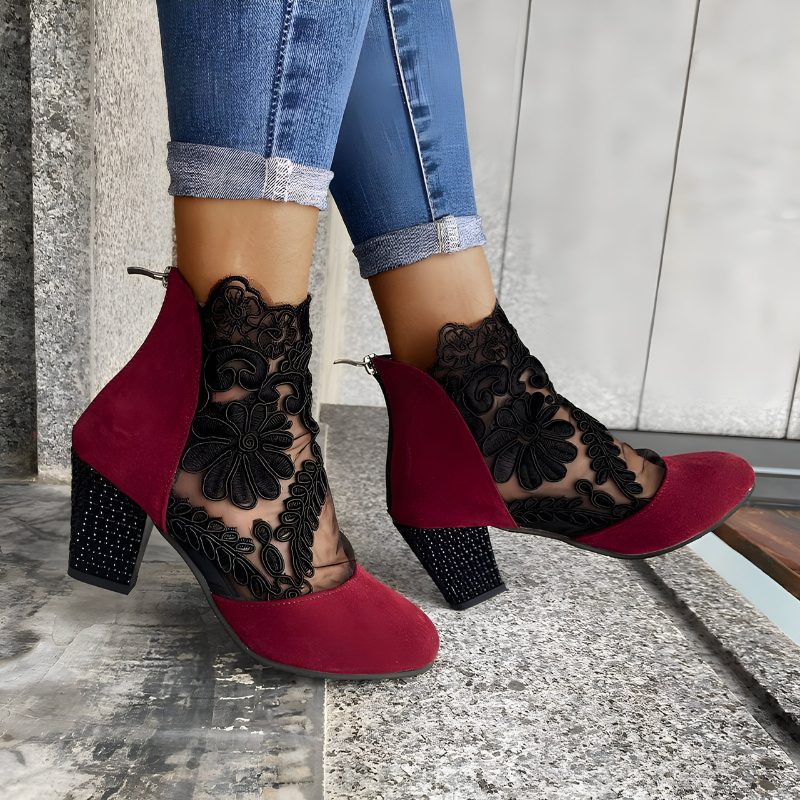 Madeleine | Floral Lace Block Heel Ankle Boots for Women