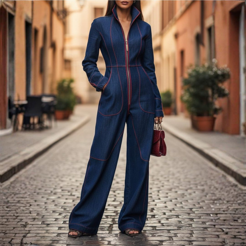 Marnie | Wide Leg Denim Jumpsuit with Long Sleeves for Women