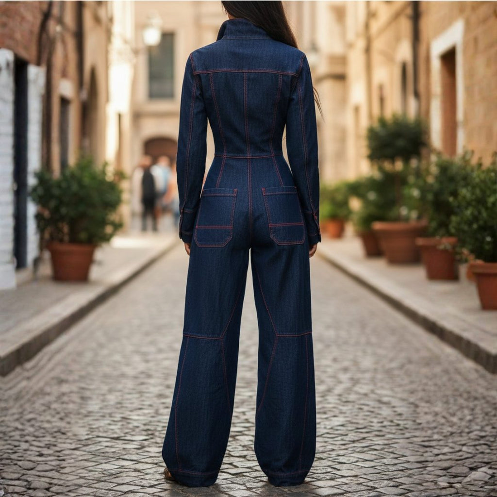 Marnie | Wide Leg Denim Jumpsuit with Long Sleeves for Women