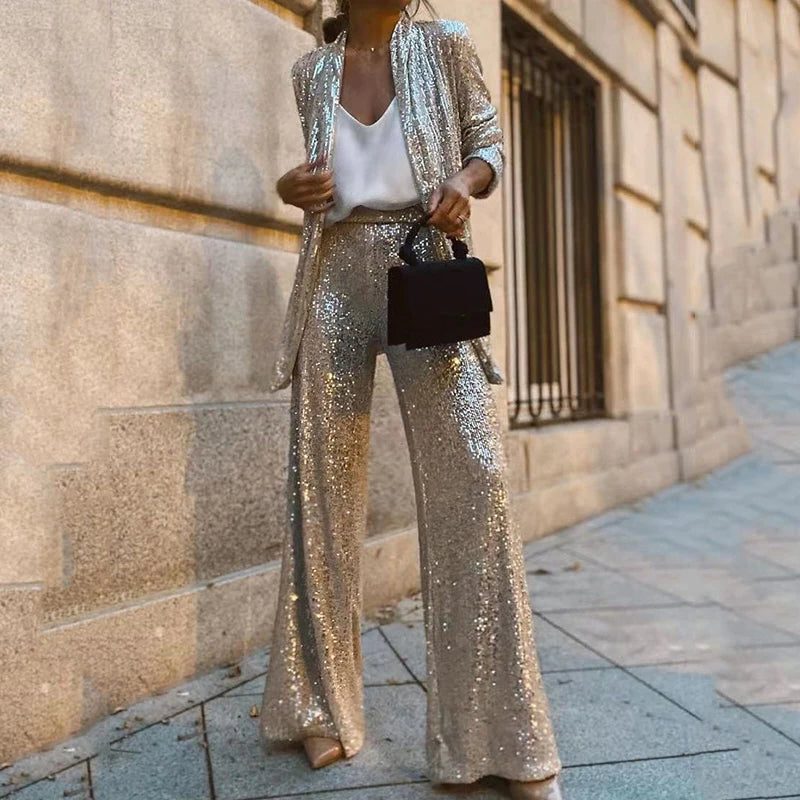 Miriam | Sequin Two-Piece Set with High-Waisted Wide-Leg Pants for Women