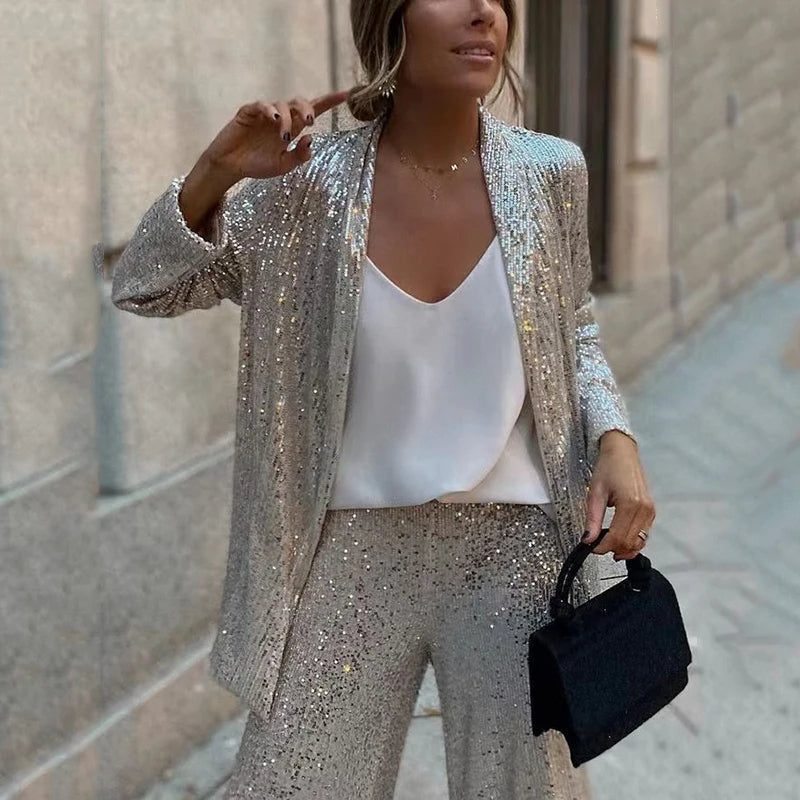 Miriam | Sequin Two-Piece Set with High-Waisted Wide-Leg Pants for Women