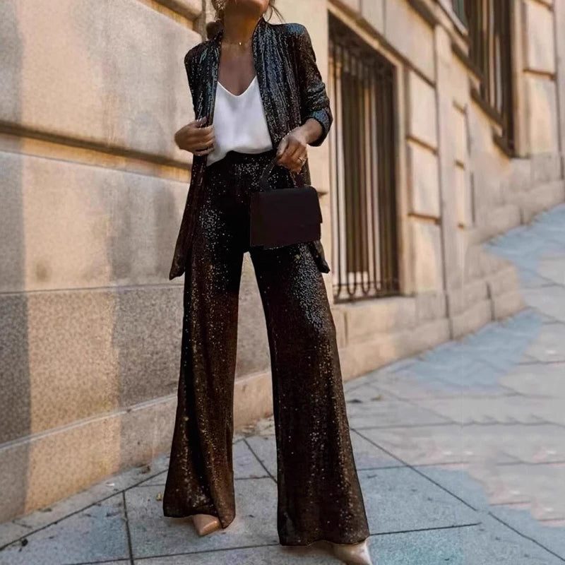 Miriam | Sequin Two-Piece Set with High-Waisted Wide-Leg Pants for Women