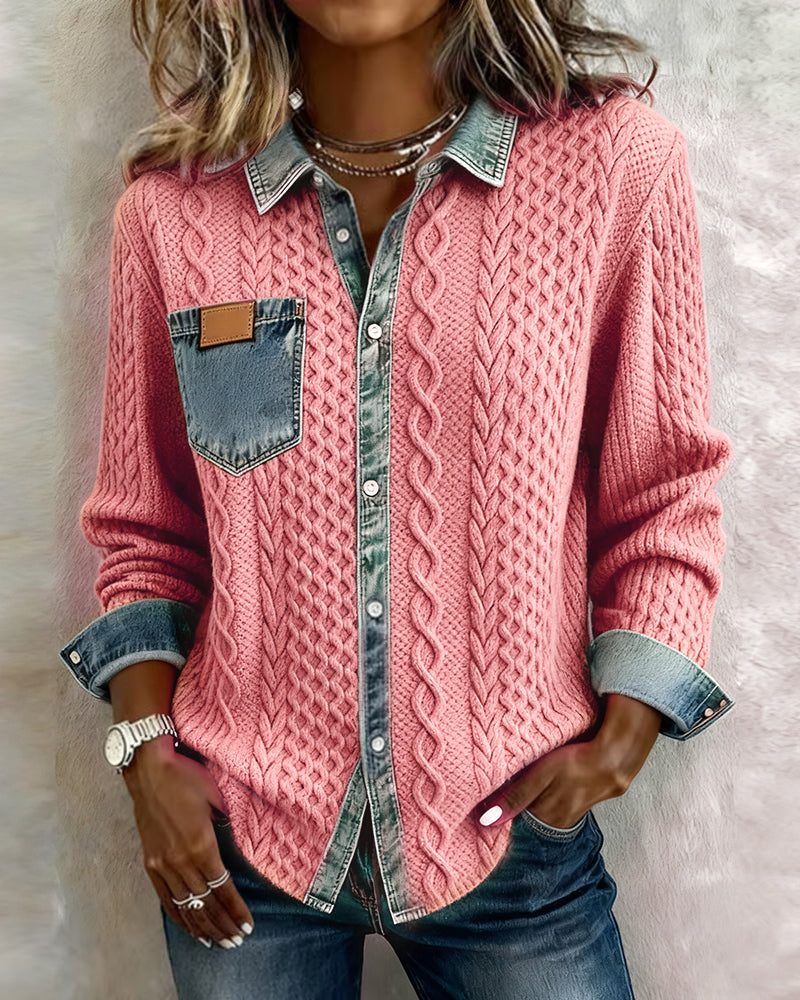 Nessa | Cable Knit Button-Down Blouse with Long Sleeves for Women
