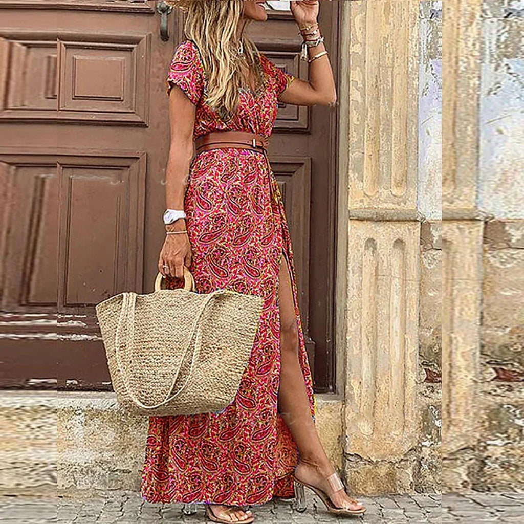 Penelope | Floral Maxi Dress with Short Sleeves and Belted Waist for Women