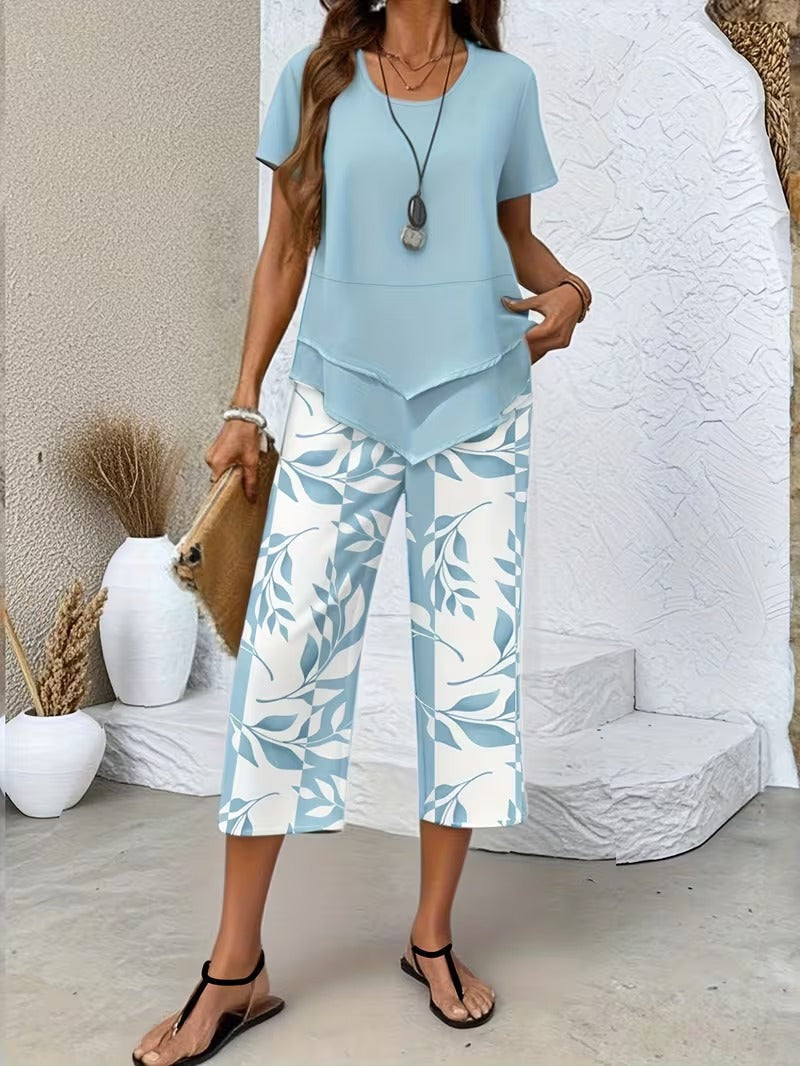 Primrose | Leaf Print Cropped Capri Two-Piece Set for Women