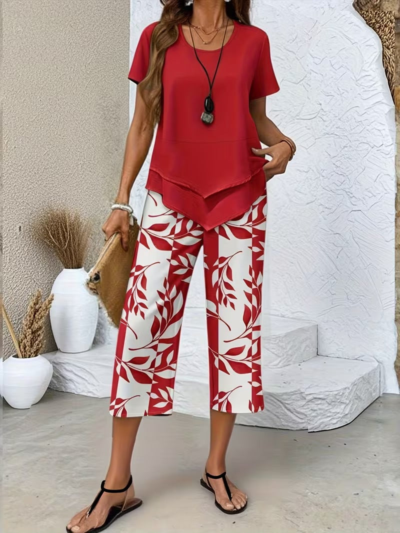Primrose | Leaf Print Cropped Capri Two-Piece Set for Women