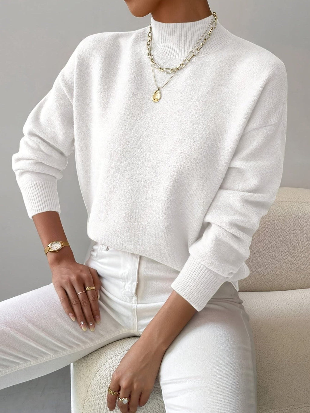 Ribbed Knit Sweater with Roll Neck for Women