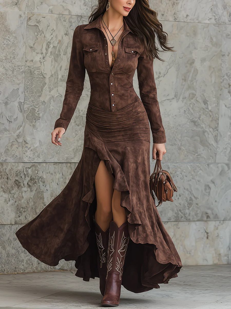 Sancia | Button-Down Suede Shirt Maxi Dress with Ruffle for Women