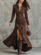 Sancia | Button-Down Suede Shirt Maxi Dress with Ruffle for Women
