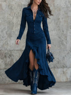 Sancia | Button-Down Suede Shirt Maxi Dress with Ruffle for Women