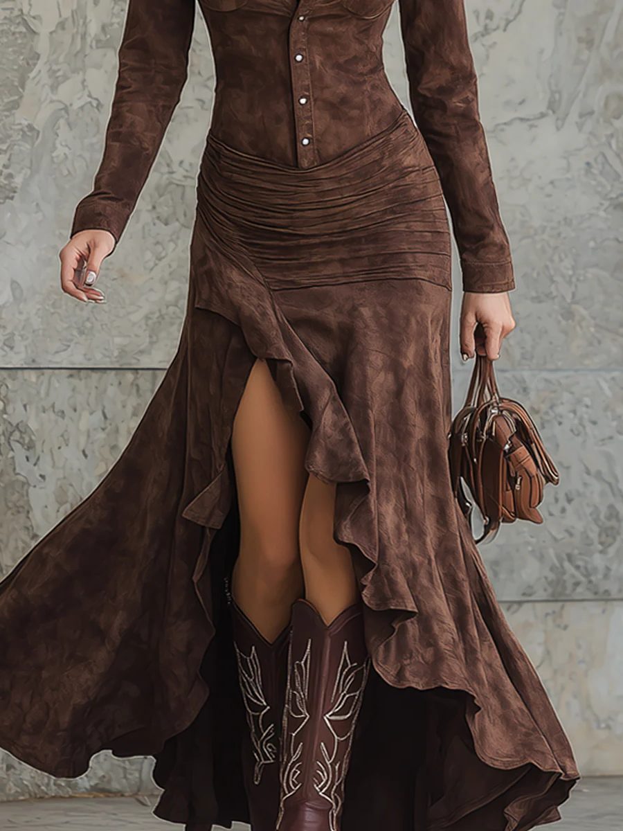 Sancia | Button-Down Suede Shirt Maxi Dress with Ruffle for Women