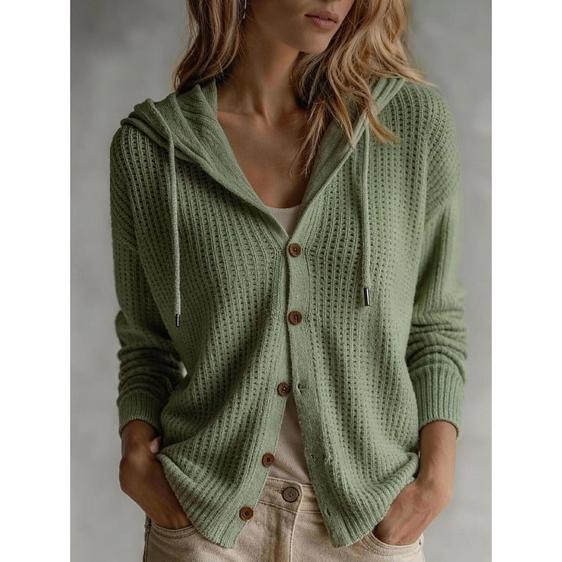 Sebastiane | Ribbed Knit Hooded Button-Front Cardigan for Women