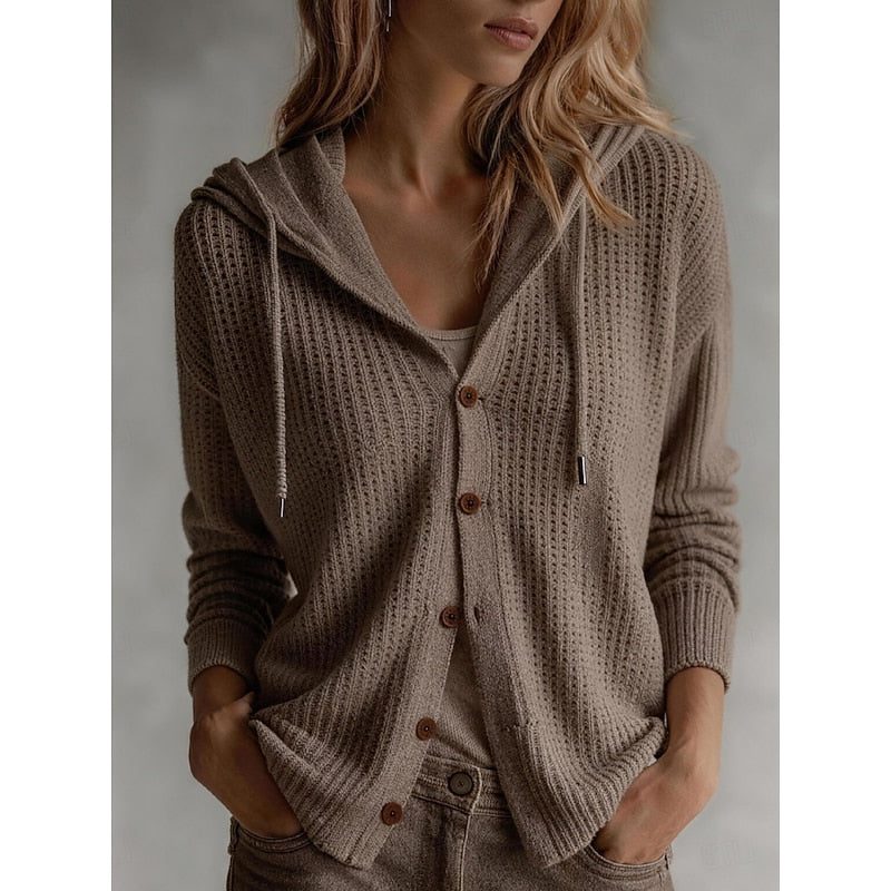 Sebastiane | Ribbed Knit Hooded Button-Front Cardigan for Women